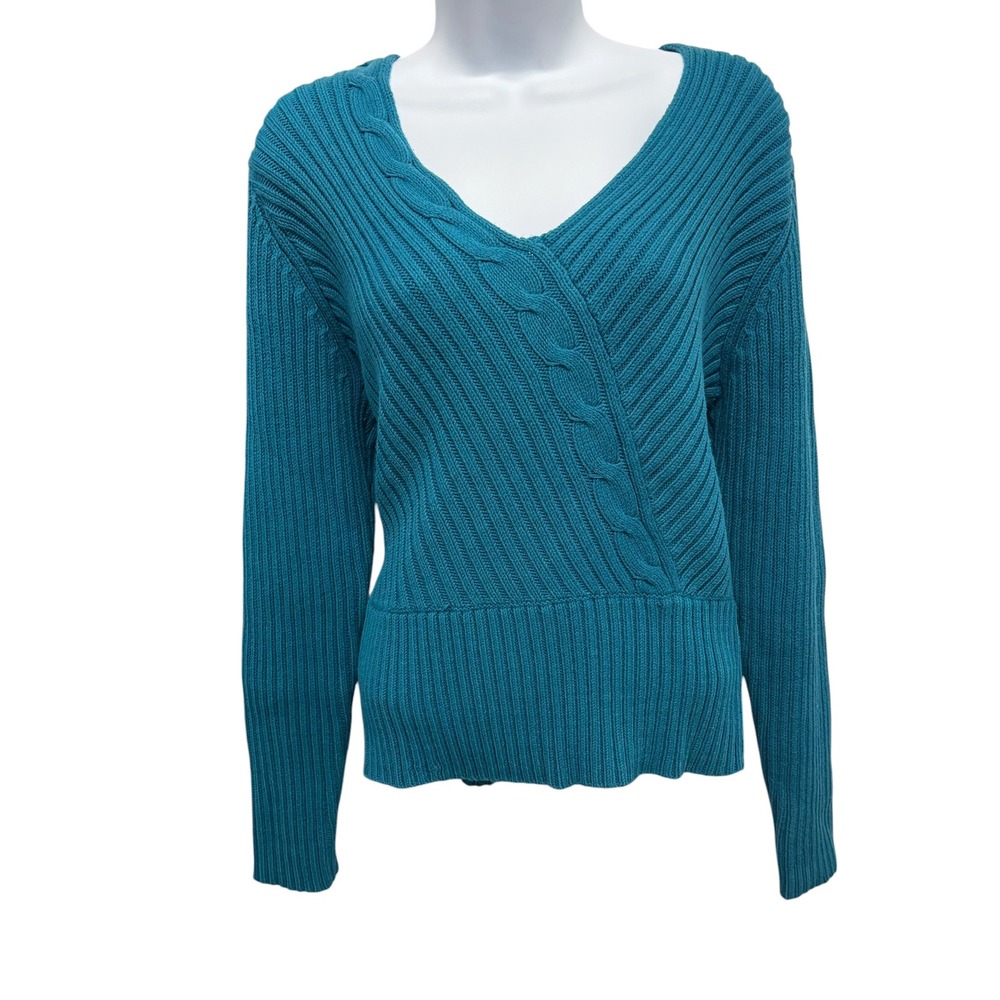 Norton McNaughton Teal Blue Ribbed Cable Knit V-Neck Faux Wrap Sweater Large
